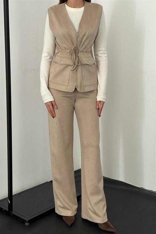 Wholesale Beige Suede Vest and Trousers Set