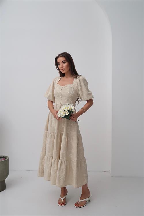 Toptan Bej Süs Düğmeli Balon Kollu Elbise