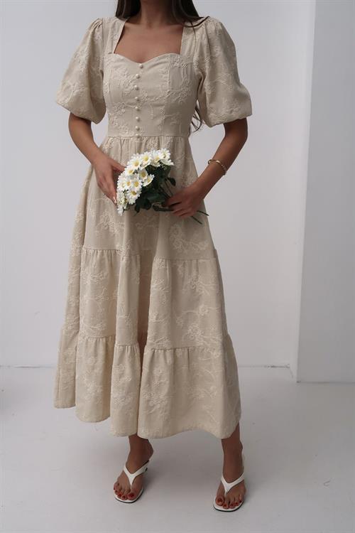 Toptan Bej Süs Düğmeli Balon Kollu Elbise