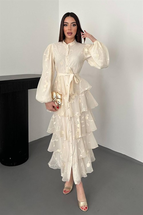 Toptan Bej Volanlı Kat Kat Elbise