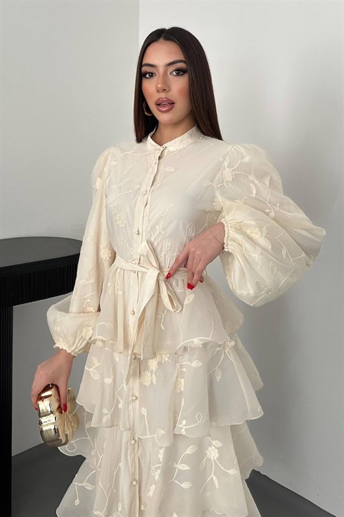 Toptan Bej Volanlı Kat Kat Elbise