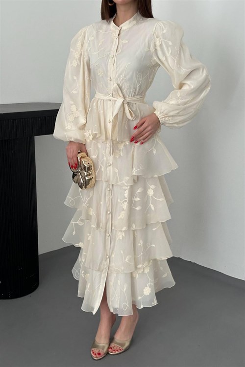 Toptan Bej Volanlı Kat Kat Elbise