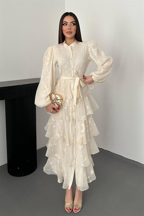 Toptan Bej Volanlı Kat Kat Elbise