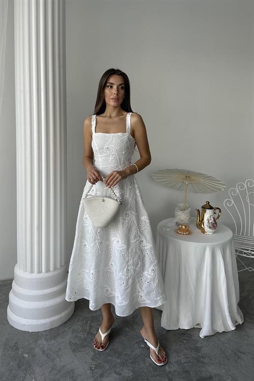 Toptan Beyaz Arkası Korse Detaylı Uzun Elbise