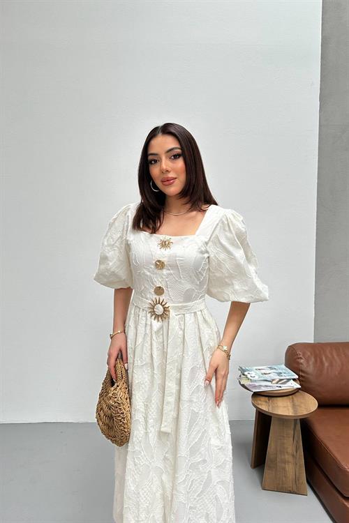 Toptan Beyaz Balon Kol Üç Düğmeli Kemer Detaylı Elbise