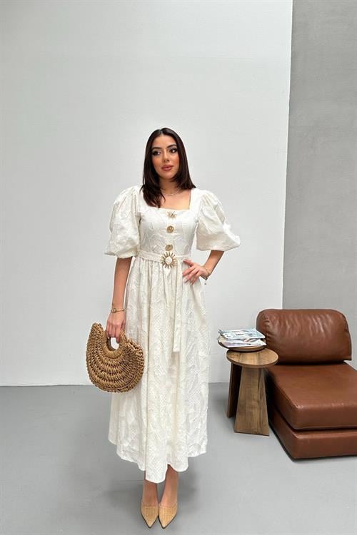 Toptan Beyaz Balon Kol Üç Düğmeli Kemer Detaylı Elbise