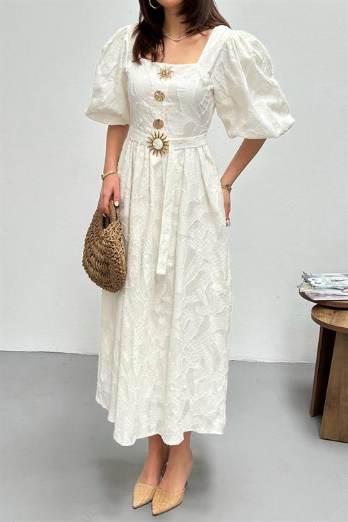 Toptan Beyaz Balon Kol Üç Düğmeli Kemer Detaylı Elbise