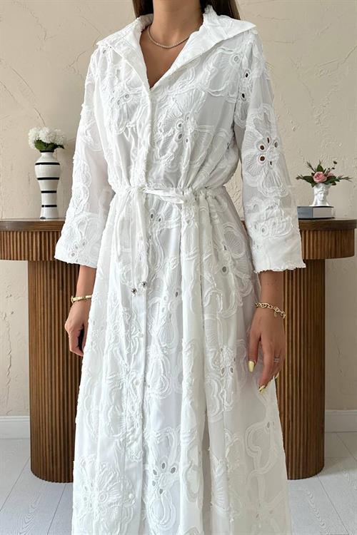 Toptan Beyaz Bel Çevresi Bağcıklı Brode Elbise
