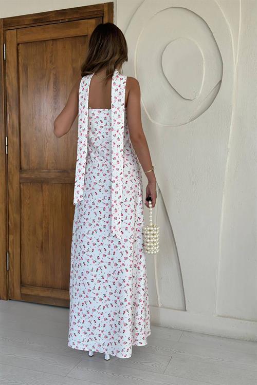 Toptan Beyaz Boyundan Fularlı Elbise