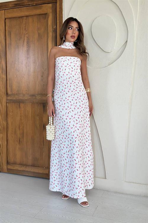 Toptan Beyaz Boyundan Fularlı Elbise