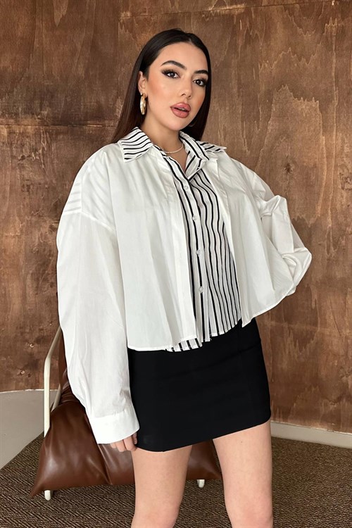 Toptan Beyaz Çizgi Garnili Oversıze Gömlek