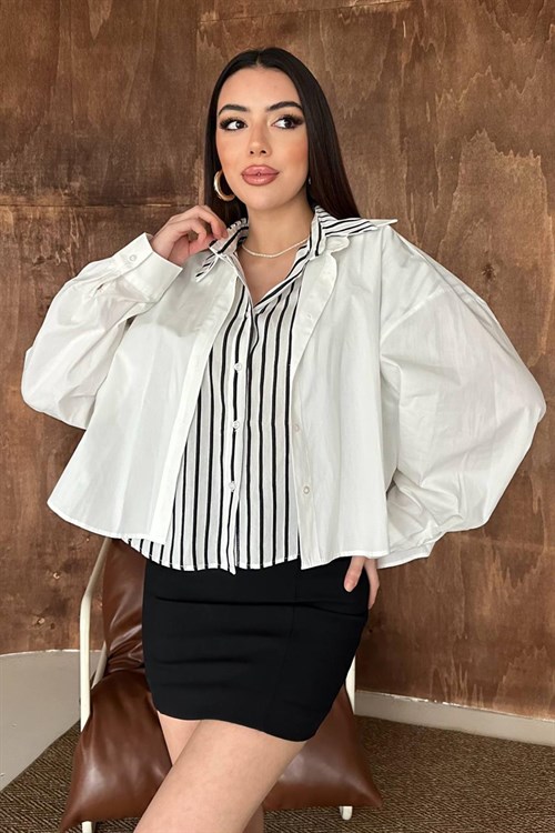 Toptan Beyaz Çizgi Garnili Oversıze Gömlek