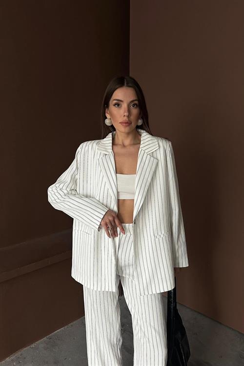 Wholesale White Striped Jacket and Trousers Suit