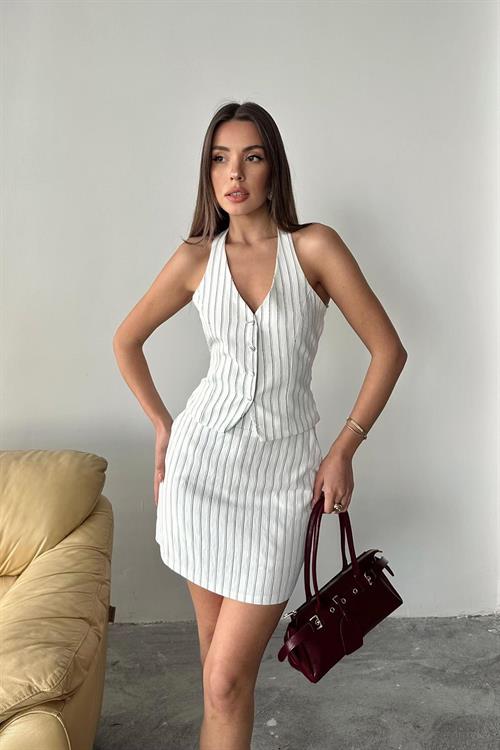 Wholesale White Striped Vest And Skirt Set