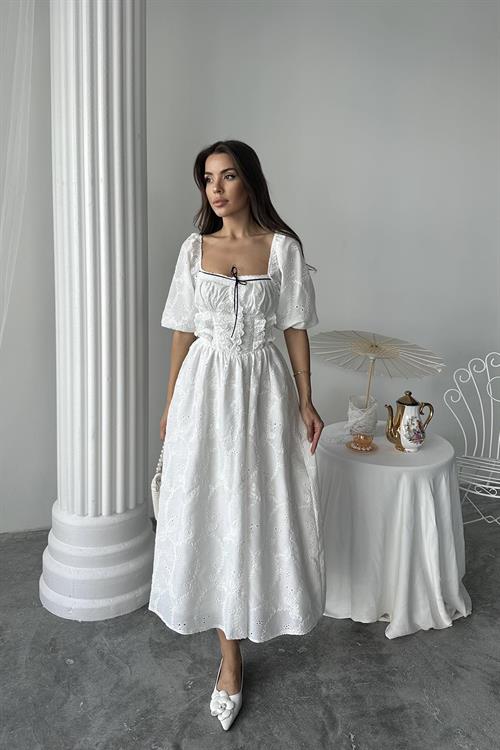 Toptan Beyaz Dantel Detaylı Brode Elbise
