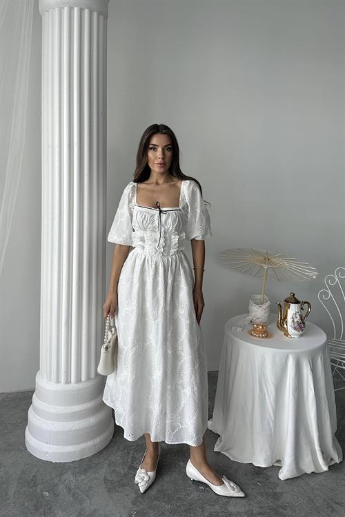 Toptan Beyaz Dantel Detaylı Brode Elbise