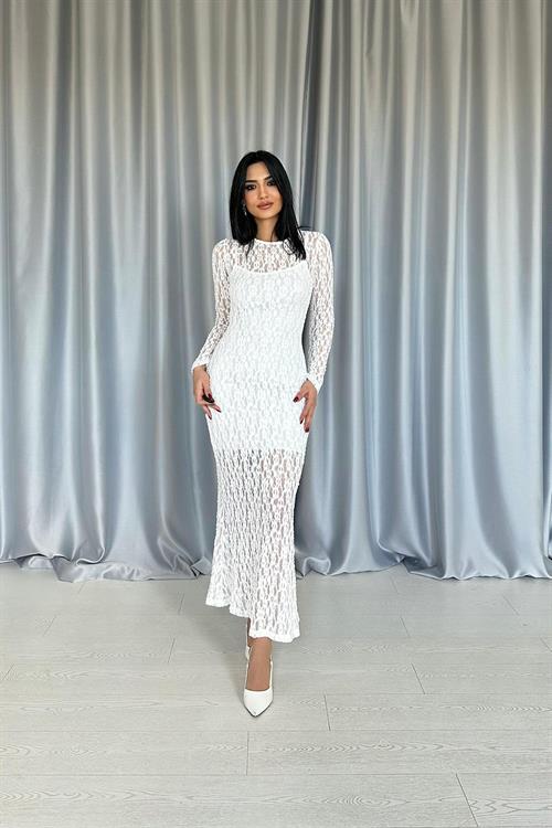 Toptan Beyaz Dantelli Uzun Kollu Elbise