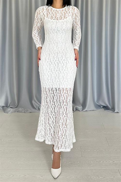 Toptan Beyaz Dantelli Uzun Kollu Elbise