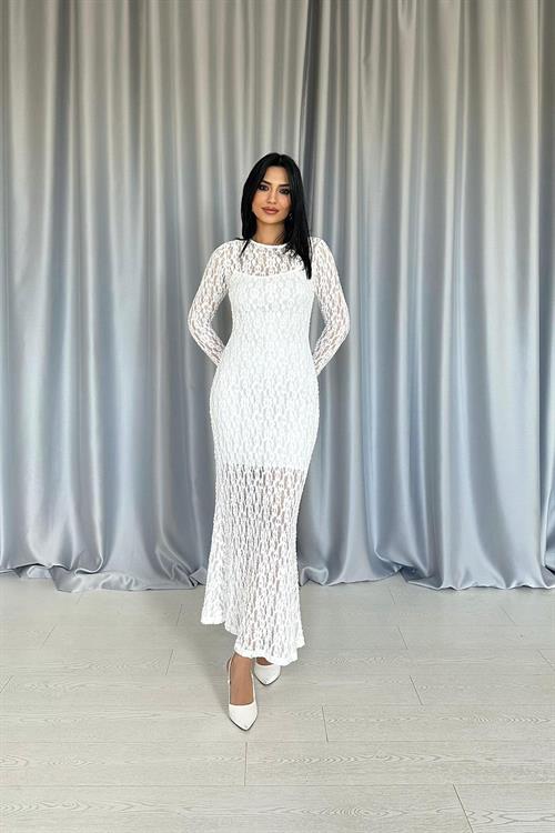 Toptan Beyaz Dantelli Uzun Kollu Elbise