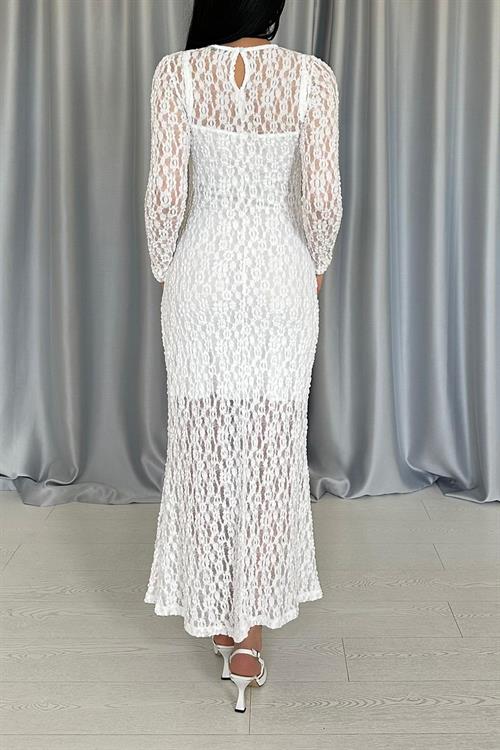 Toptan Beyaz Dantelli Uzun Kollu Elbise
