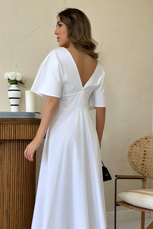 Toptan Beyaz Düğmeli Midi Boy Poplin Elbise