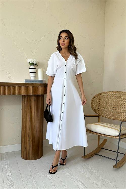 Toptan Beyaz Düğmeli Midi Boy Poplin Elbise