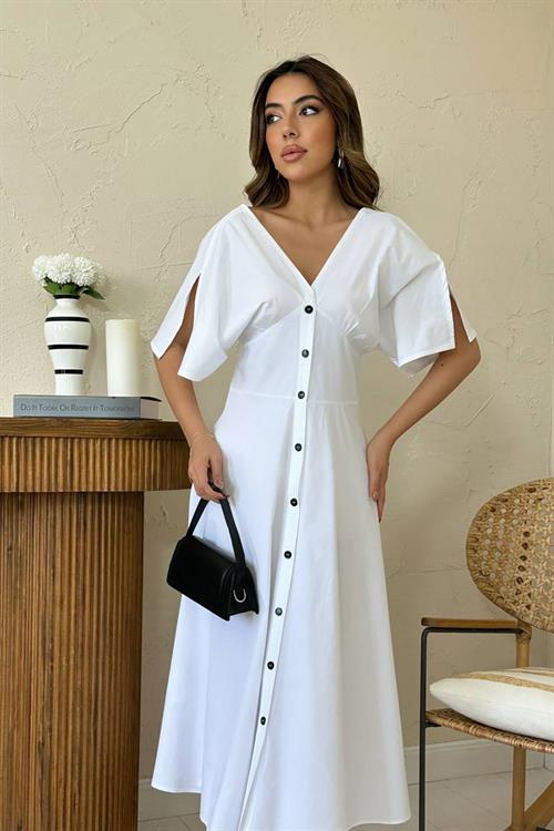 Toptan Beyaz Düğmeli Midi Boy Poplin Elbise