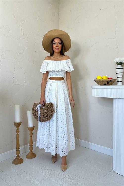 Wholesale White Guipure Embroidery Blouse and Skirt Set