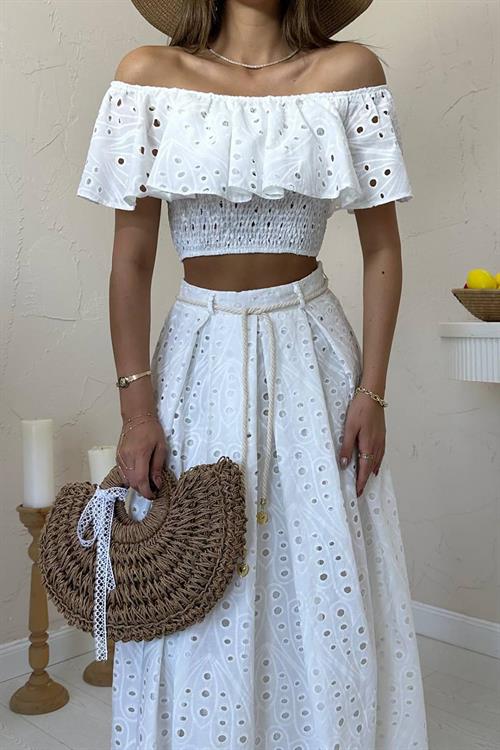 Wholesale White Guipure Embroidery Blouse and Skirt Set