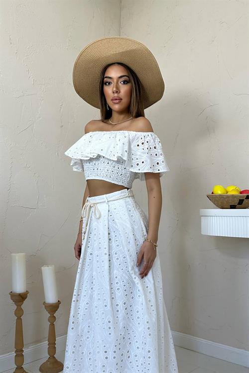 Wholesale White Guipure Embroidery Blouse and Skirt Set