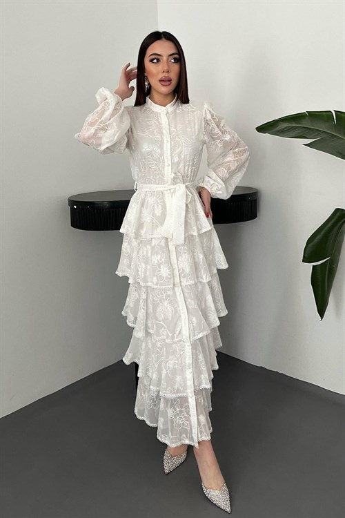 Toptan Beyaz Kat Kat Volanlı Elbise