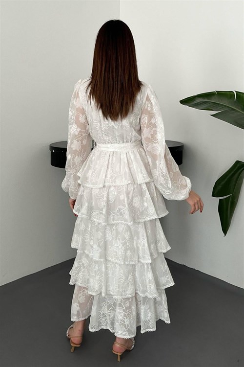 Toptan Beyaz Kat Kat Volanlı Elbise