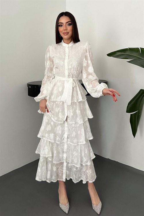 Toptan Beyaz Kat Kat Volanlı Elbise