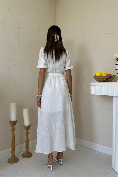 Toptan Beyaz Kruvaze Yaka Müslin Keten Elbise