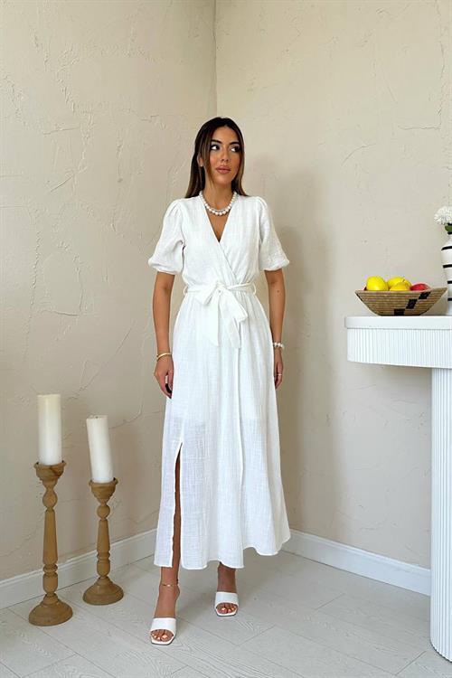 Toptan Beyaz Kruvaze Yaka Müslin Keten Elbise