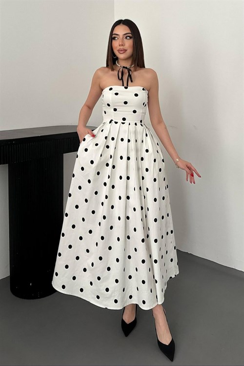 Toptan Beyaz Puantiyeli Elbise