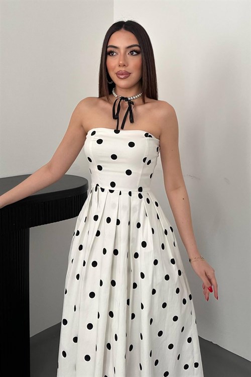 Toptan Beyaz Puantiyeli Elbise