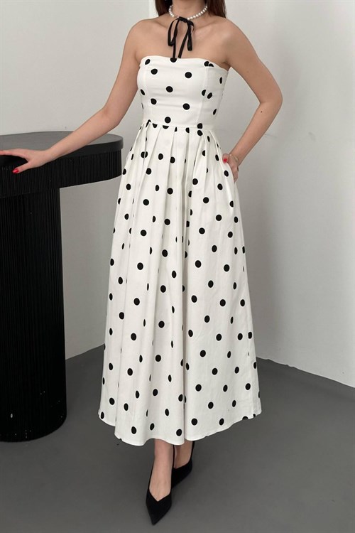 Toptan Beyaz Puantiyeli Elbise