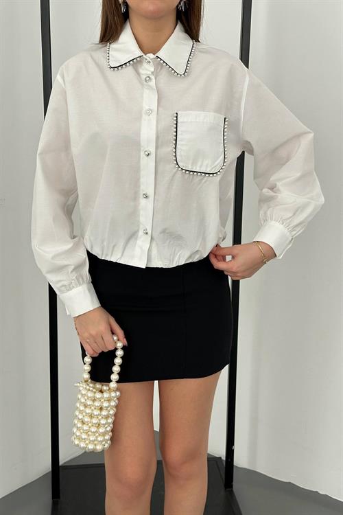 Wholesale White Rhinestone-Embellished Poplin Shirt