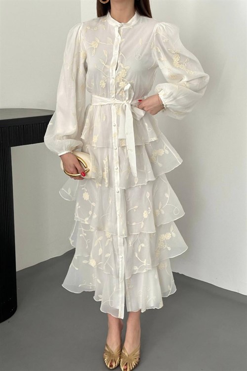 Toptan Beyaz Volanlı Kat Kat Elbise