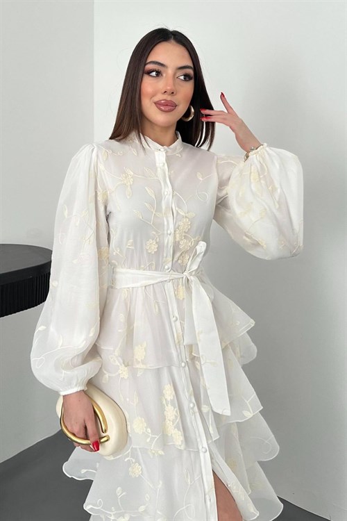 Toptan Beyaz Volanlı Kat Kat Elbise