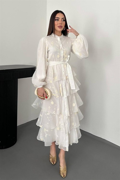 Toptan Beyaz Volanlı Kat Kat Elbise