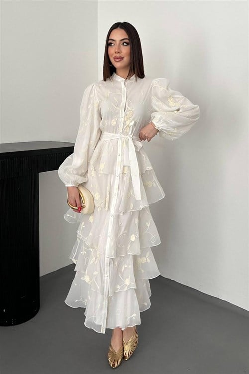 Toptan Beyaz Volanlı Kat Kat Elbise