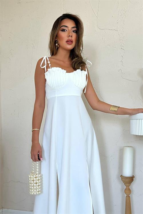 Toptan Beyaz Yırtmaçlı Göğüs Kuplu Atlas Elbise