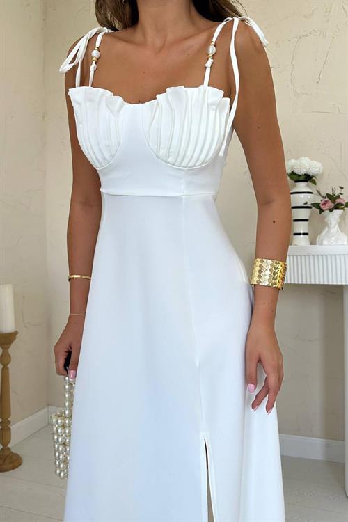 Toptan Beyaz Yırtmaçlı Göğüs Kuplu Atlas Elbise
