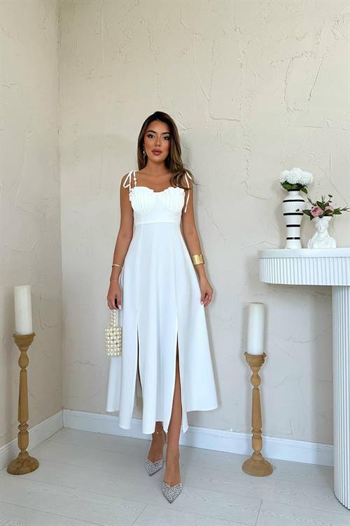 Toptan Beyaz Yırtmaçlı Göğüs Kuplu Atlas Elbise