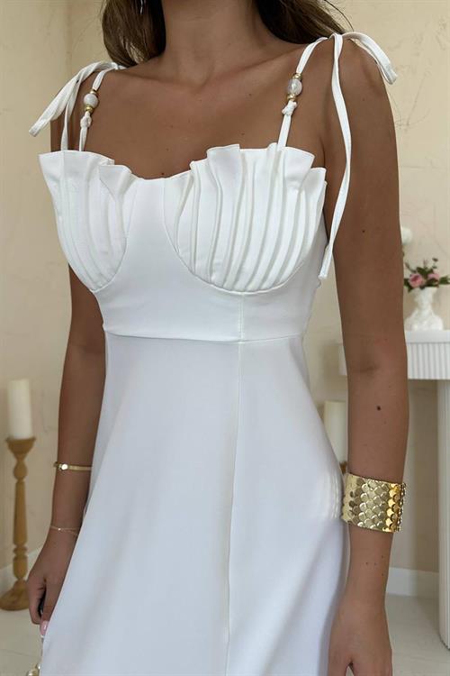 Toptan Beyaz Yırtmaçlı Göğüs Kuplu Atlas Elbise