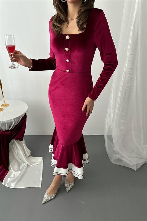 Toptan Bordo Alt Eteği Volanlı Kadife Elbise