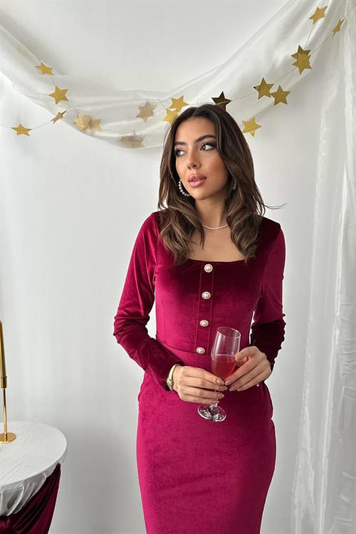 Toptan Bordo Alt Eteği Volanlı Kadife Elbise