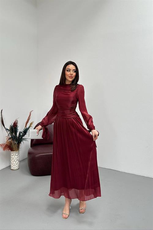 Toptan Bordo Büzgü Detaylı Manşeti Kuşaklı Elbise